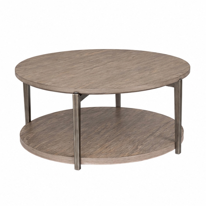 Jesy Coffee Table- 43 Inch Round Top with Lower Shelf- Natural Brown