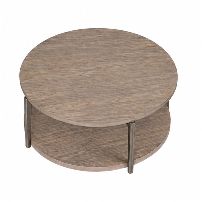 Jesy Coffee Table- 43 Inch Round Top with Lower Shelf- Natural Brown