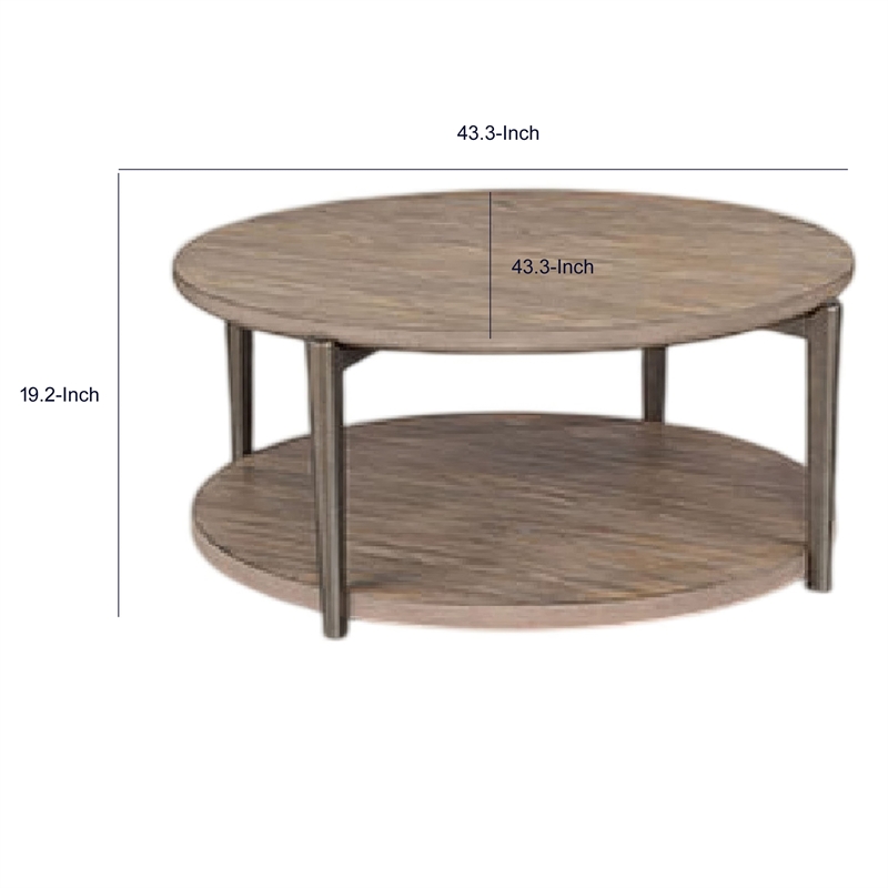 Jesy Coffee Table- 43 Inch Round Top with Lower Shelf- Natural Brown