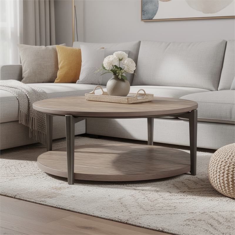Jesy Coffee Table- 43 Inch Round Top with Lower Shelf- Natural Brown