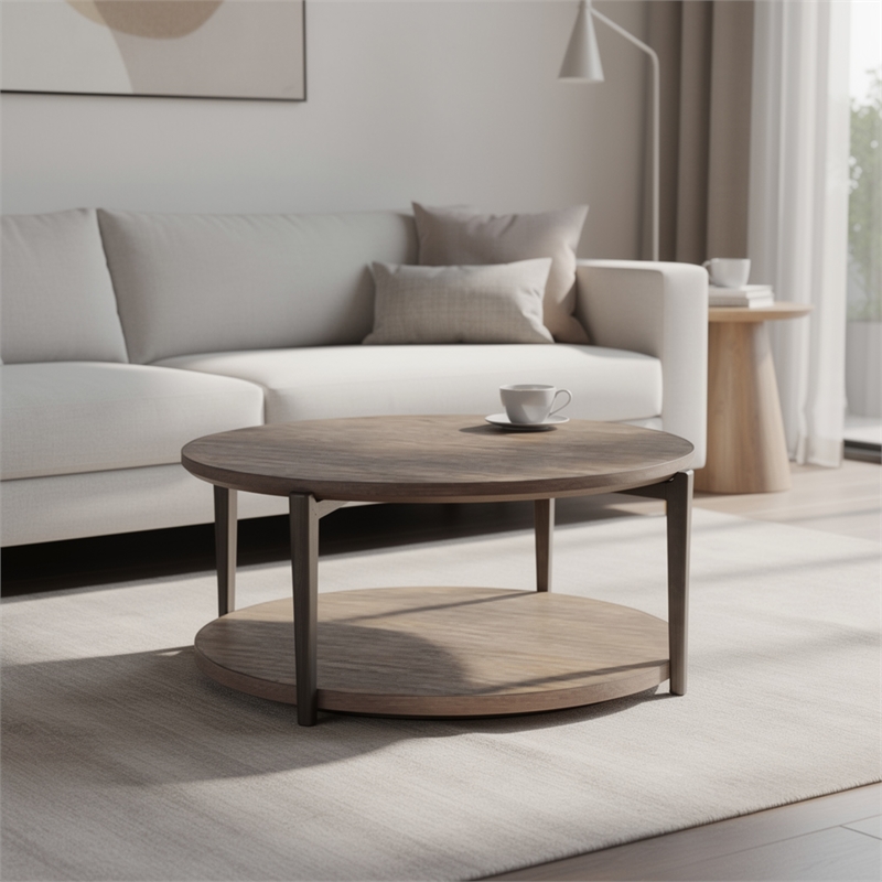 Jesy Coffee Table- 43 Inch Round Top with Lower Shelf- Natural Brown