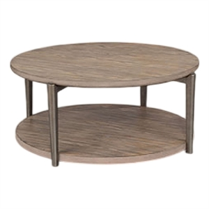 Jesy Coffee Table- 43 Inch Round Top with Lower Shelf- Natural Brown