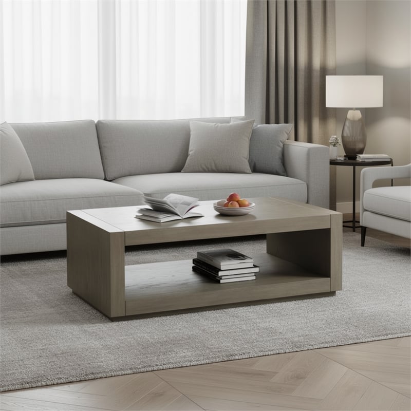 Dane Coffee Table- 48 Inch Cubic- Open Shelf- Natural Oak Gray Finish