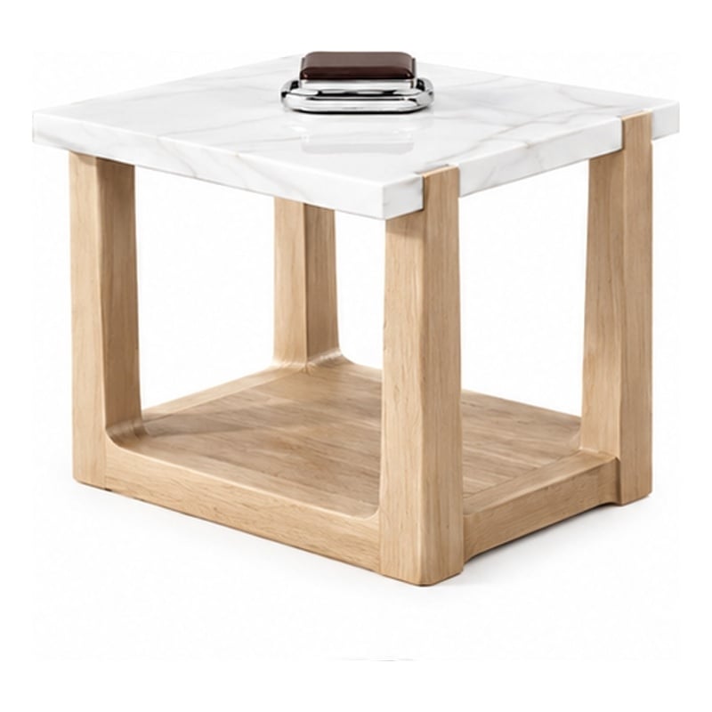 Sane Side End Table- 24 Inch White Faux Marble Top with Shelf- Brown