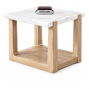 Sane Side End Table- 24 Inch White Faux Marble Top with Shelf- Brown