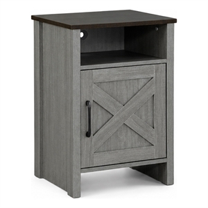 Gera Side Table- 16 Inch Dark Brown Top- X Barn Door- Open Shelf- Gray