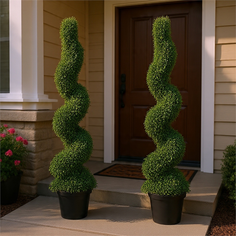 Mila Spiral Boxwood Topiary Plant- Set of 2- Lifelike 48 Inch