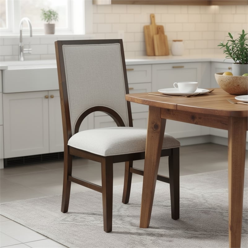 Mali Dining Side Chair Set of 2- Cutout Back - Dove Gray Fabric- Dark Brown