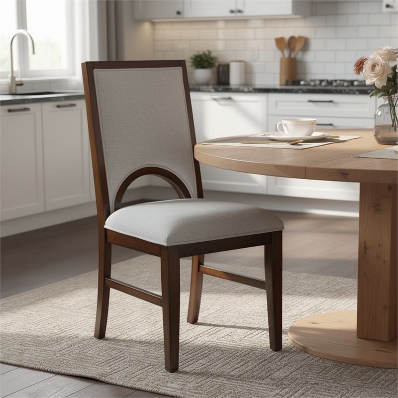 Mali Dining Side Chair Set of 2- Cutout Back - Dove Gray Fabric- Dark Brown