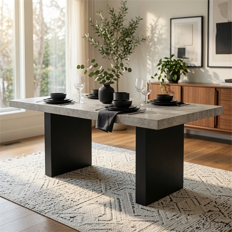 Seba Dining Table- Cement 3D Paper Veneer Top- Panel Legs- Black 72 Inch