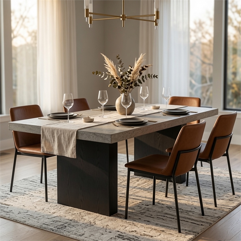 Seba Dining Table- Cement 3D Paper Veneer Top- Panel Legs- Black 72 Inch
