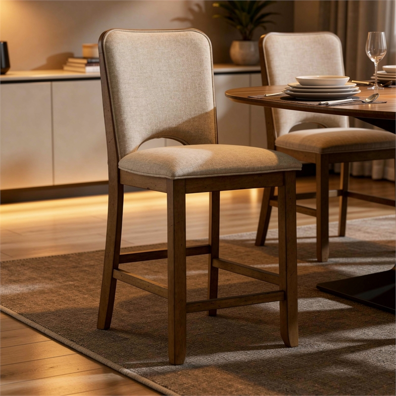 Rell Counter Stool Chair Set of 2- Cutout Back- Beige- Antique Brown