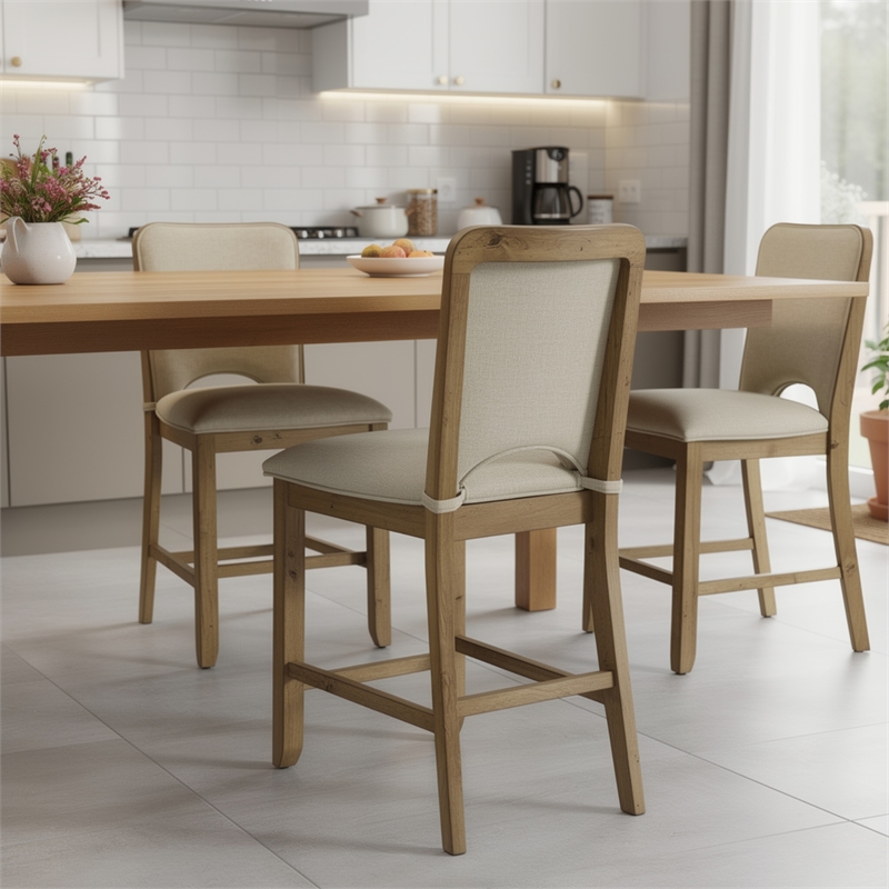 Rell Counter Stool Chair Set of 2- Cutout Back- Beige- Antique Brown