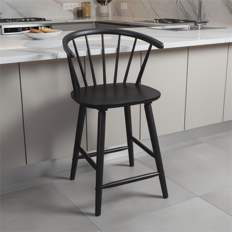 Anna Counter Stool Chair Set of 2- Curved Spindle Back- Footrests- Black