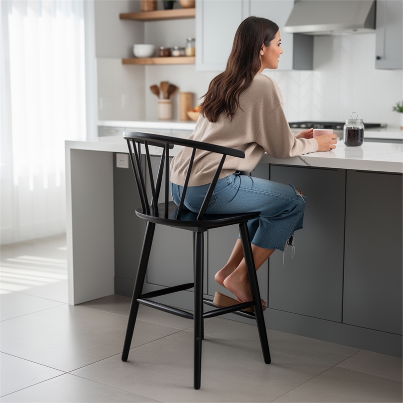 Anna Counter Stool Chair Set of 2- Curved Spindle Back- Footrests- Black