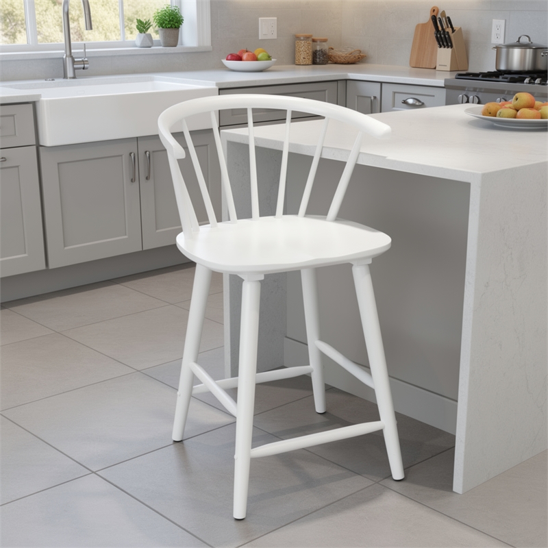 Anna Counter Stool Chair Set of 2- Curved Spindle Back- Footrests- White