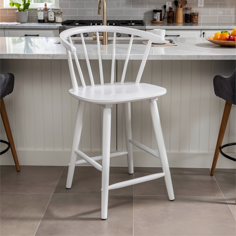 Anna Counter Stool Chair Set of 2- Curved Spindle Back- Footrests- White