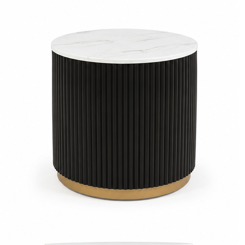 Frey Side End Table- White Faux Marble- Reeded Base- Gold Banding 22 Inch