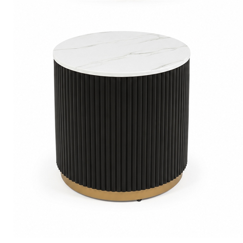Frey Side End Table- White Faux Marble- Reeded Base- Gold Banding 22 Inch