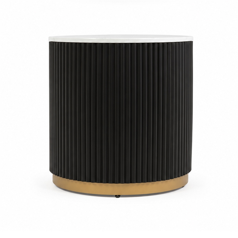 Frey Side End Table- White Faux Marble- Reeded Base- Gold Banding 22 Inch