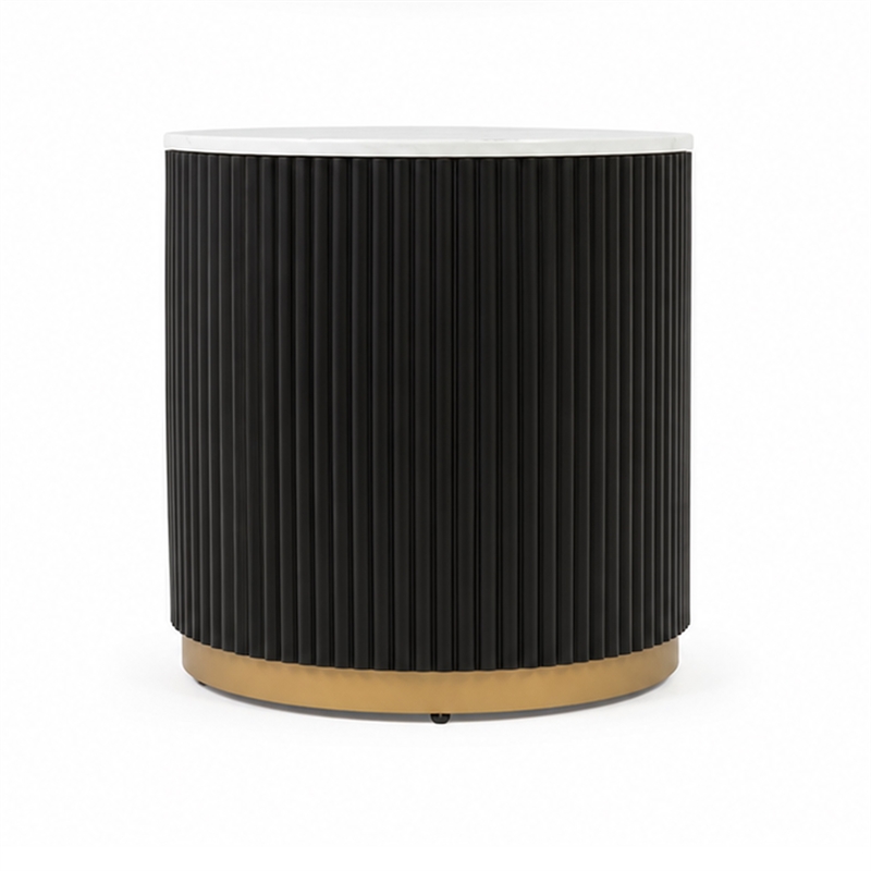 Frey Side End Table- White Faux Marble- Reeded Base- Gold Banding 22 Inch