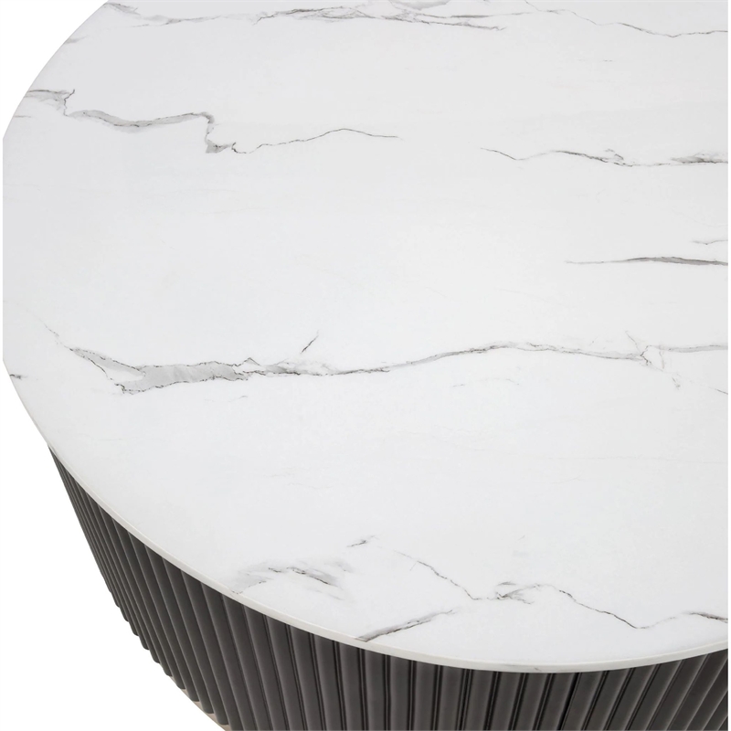 Frey Side End Table- White Faux Marble- Reeded Base- Gold Banding 22 Inch
