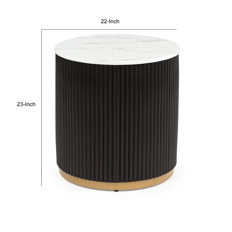 Frey Side End Table- White Faux Marble- Reeded Base- Gold Banding 22 Inch