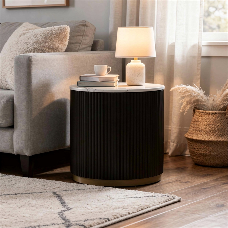 Frey Side End Table- White Faux Marble- Reeded Base- Gold Banding 22 Inch