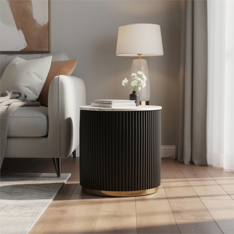 Frey Side End Table- White Faux Marble- Reeded Base- Gold Banding 22 Inch