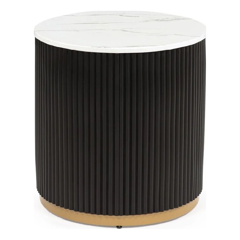 Frey Side End Table- White Faux Marble- Reeded Base- Gold Banding 22 Inch