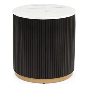 Frey Side End Table- White Faux Marble- Reeded Base- Gold Banding 22 Inch