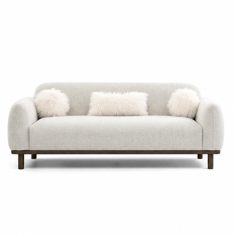 Dea Bench Sofa- 3 Faux Fur Accent Pillows- White Chenille- 84 Inch