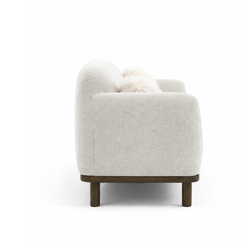 Dea Bench Sofa- 3 Faux Fur Accent Pillows- White Chenille- 84 Inch