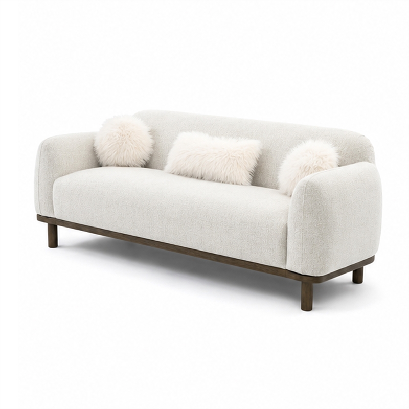 Dea Bench Sofa- 3 Faux Fur Accent Pillows- White Chenille- 84 Inch