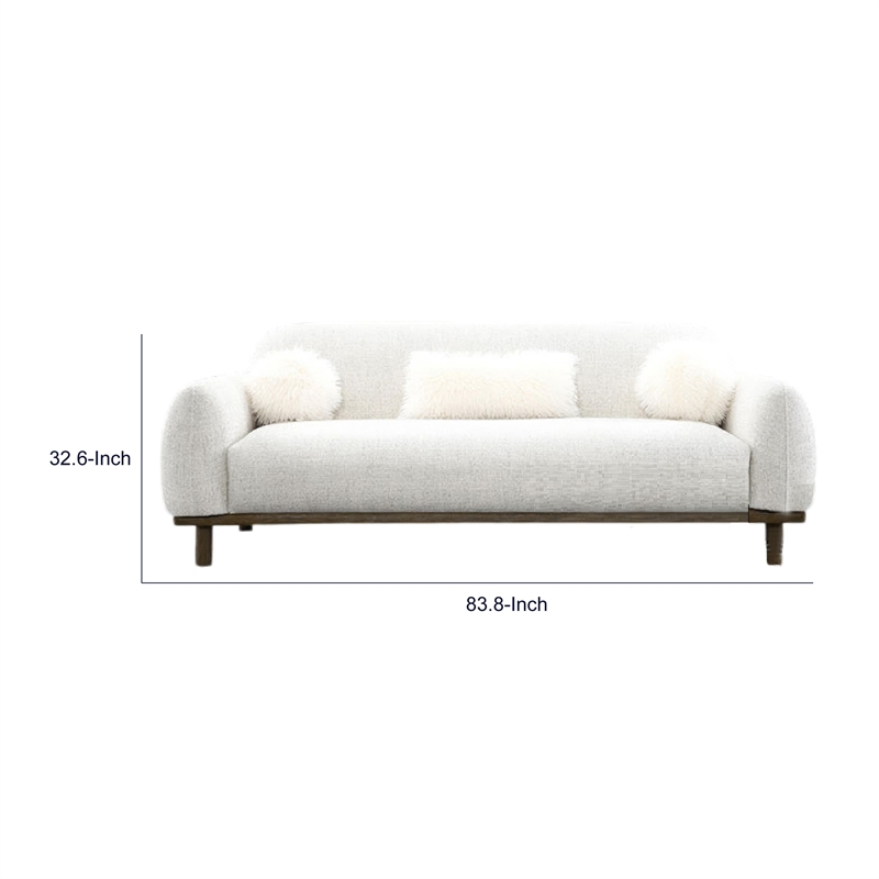 Dea Bench Sofa- 3 Faux Fur Accent Pillows- White Chenille- 84 Inch