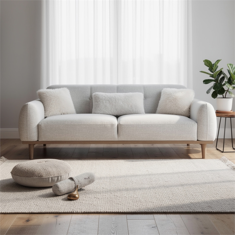 Dea Bench Sofa- 3 Faux Fur Accent Pillows- White Chenille- 84 Inch