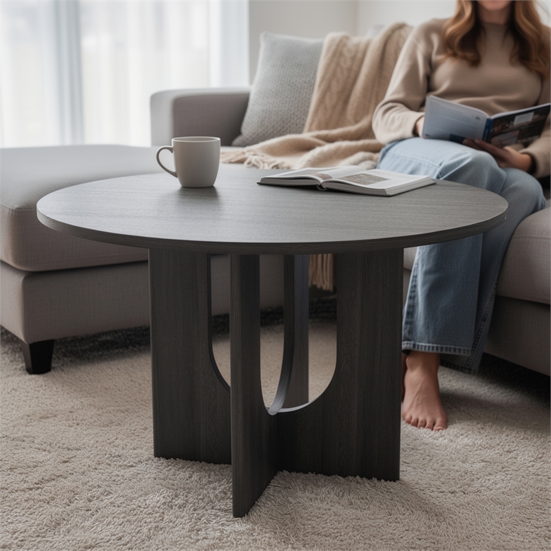 Kysa Dining Table- 47 Inch Round Top- Cross U Pedestal Base- Dark Gray