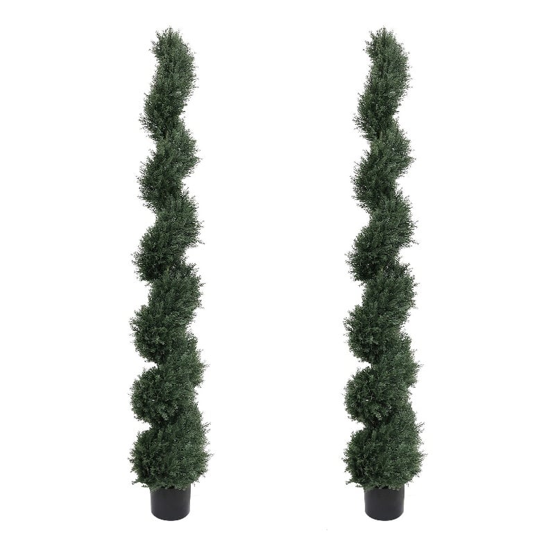 Syna Spiral Artificial Cedar Tree w Pot- Set of 2- Green Poly Silk 71 Inch