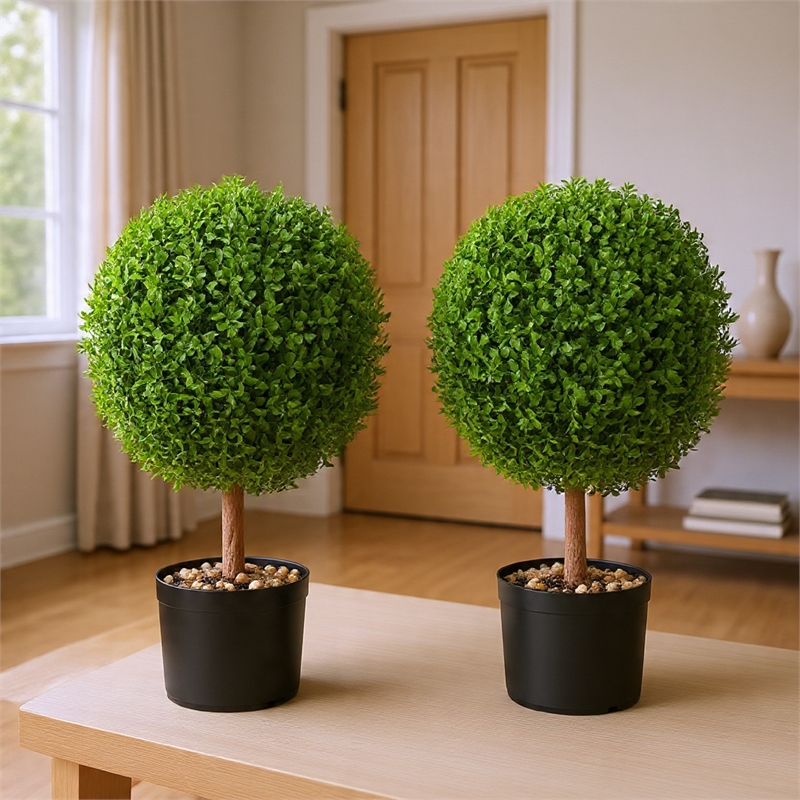 Boxwood Topiary w Butterflies- Set of 2- Wood-Poly Silk- Lifelike 22 Inch