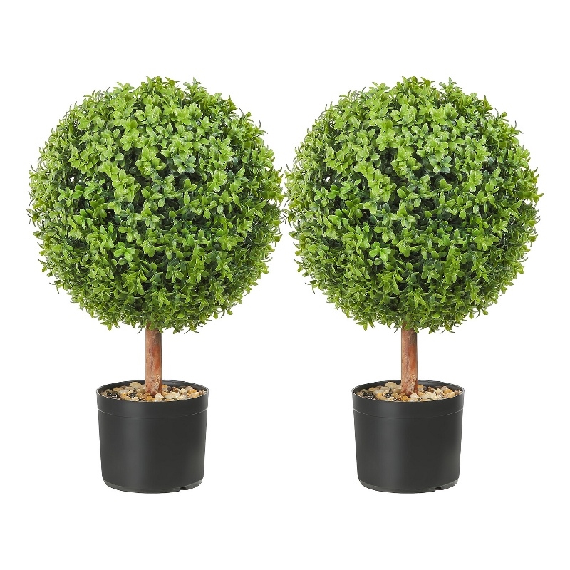 Boxwood Topiary w Butterflies- Set of 2- Wood-Poly Silk- Lifelike 22 Inch