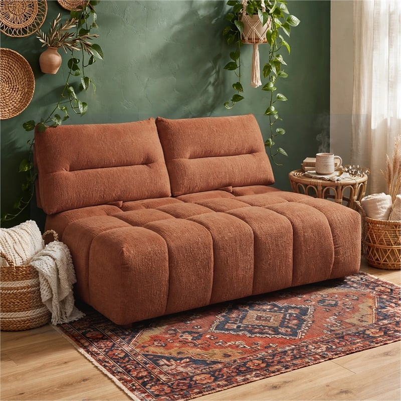 Leya Modular Loveseat- Adjustable back- Foam Channeled Coral Red Linen