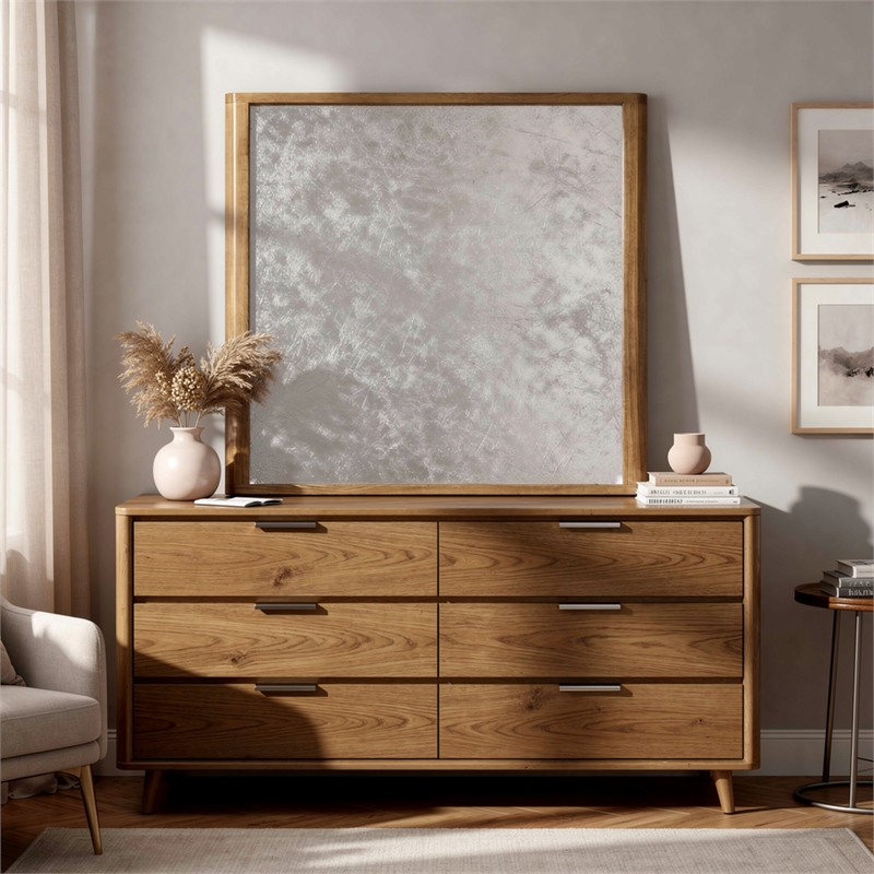 Sery Vanity Dresser Mirror- Rustic Oak Brown Wood Frame- 40x42