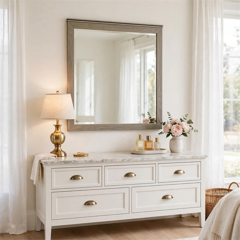 Anna Vanity Dresser Mirror- Weathered Gray Wood Frame- 40 Inch Square
