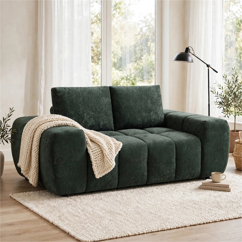 Joe Compressed Sofa- Track Arms- Grid Tufted Green Linen- 76 Inch