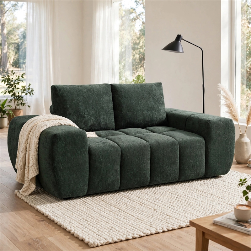 Joe Compressed Sofa- Track Arms- Grid Tufted Green Linen- 76 Inch