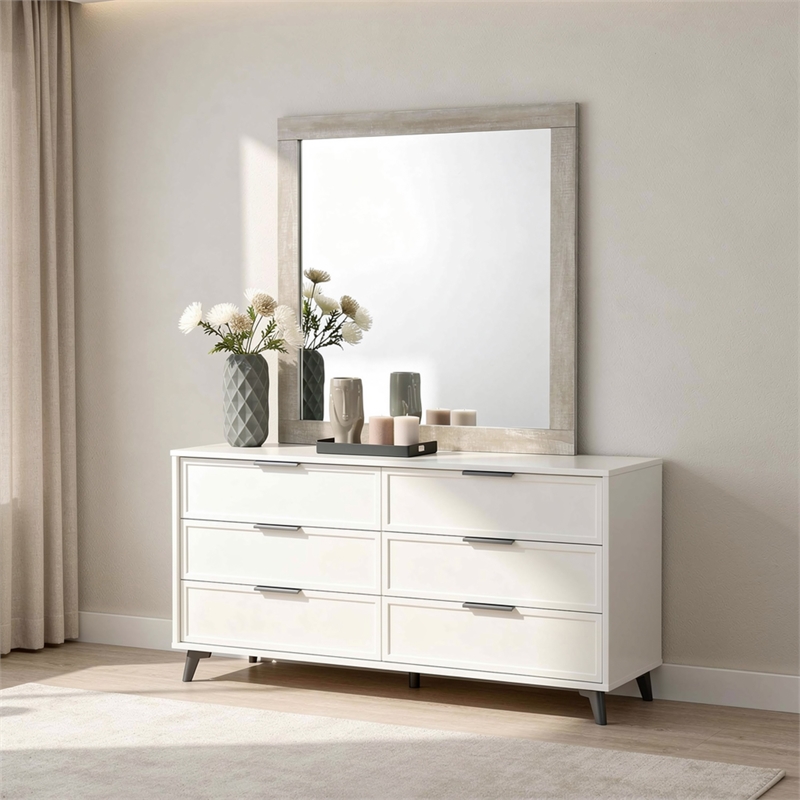 Dabu Dresser Mirror- Framed Design- Light Gray Wood- 37x39 Rectangular