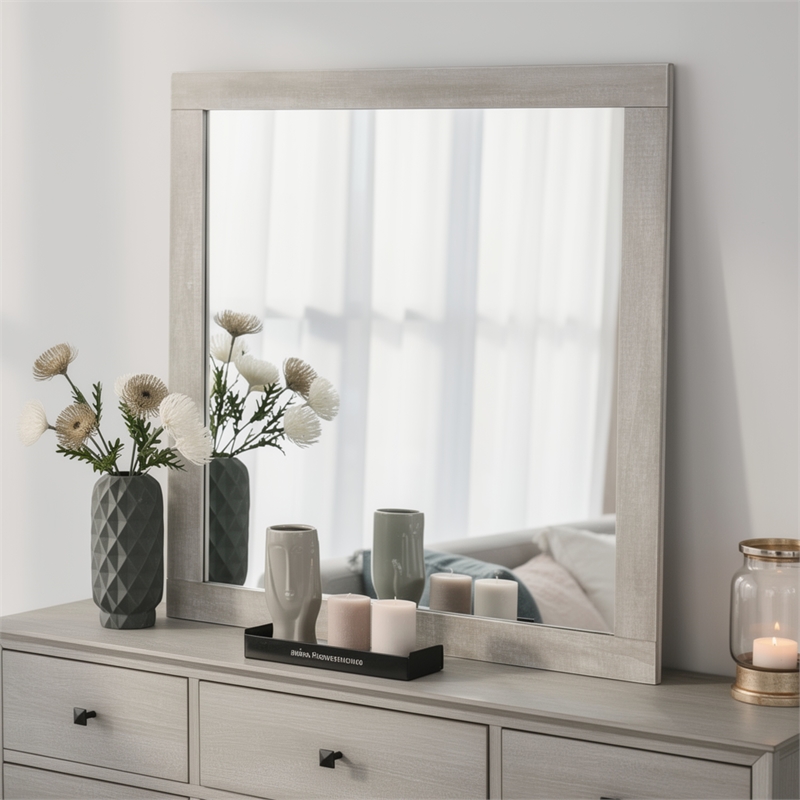 Dabu Dresser Mirror- Framed Design- Light Gray Wood- 37x39 Rectangular