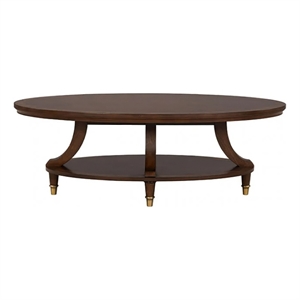 Raam Coffee Table- 52 Inch Oval Top with Lower Shelf- Dark Cherry Brown