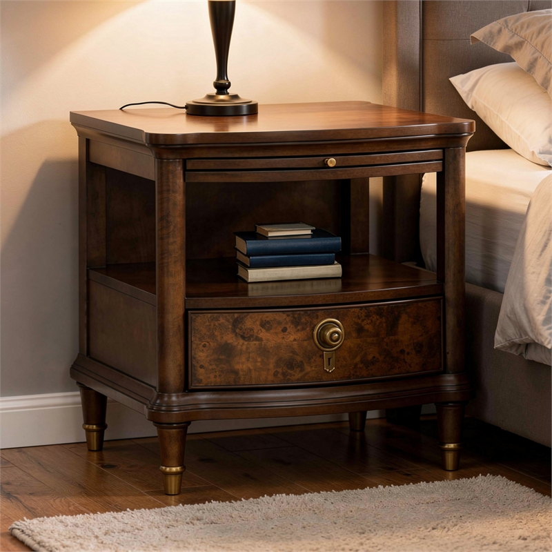 Raam Side End Table- 24 Inch Top with Lower Shelf- Dark Cherry Brown
