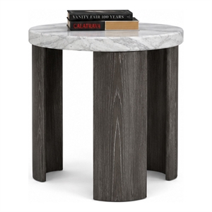 Lesy Side End Table- 24 Inch Triangular Faux Marble Top- Gray White